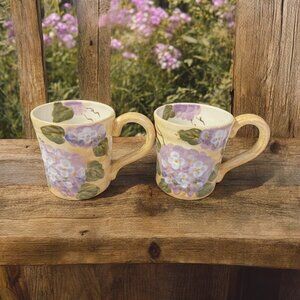 Hand-Painted Ceramic Mugs Hydrangeas 16 Oz Purple Floral Cottage Farmhouse